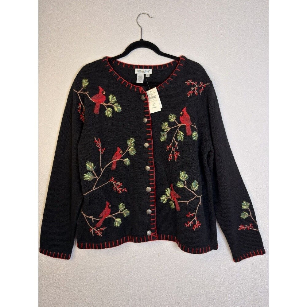 Coldwater Creek 1X Cardinal Christmas Embroidered Cardigan Black Red Sweater NWT